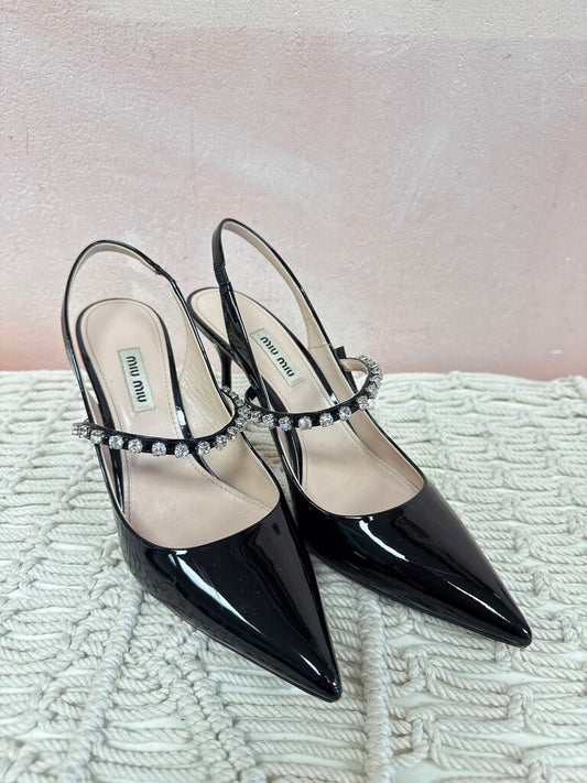 Miu Miu Black Pantent Crystal Strap Pump
