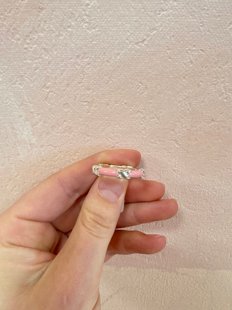 Tiffany & Co Vintage Silver and Pink Enamel X Band w/Box and Bag