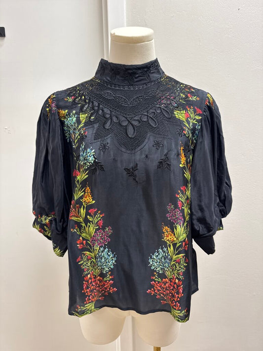 Farm Rio Black Embroidered Top