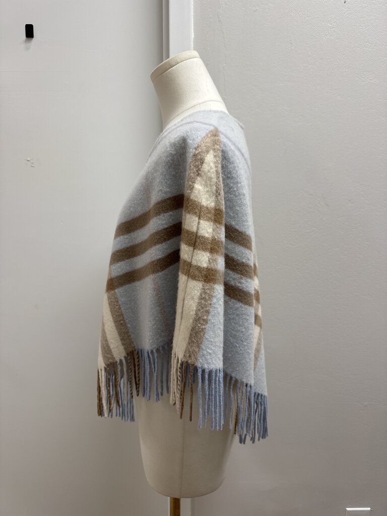 Burberry Light Blue Plaid Fringe Poncho