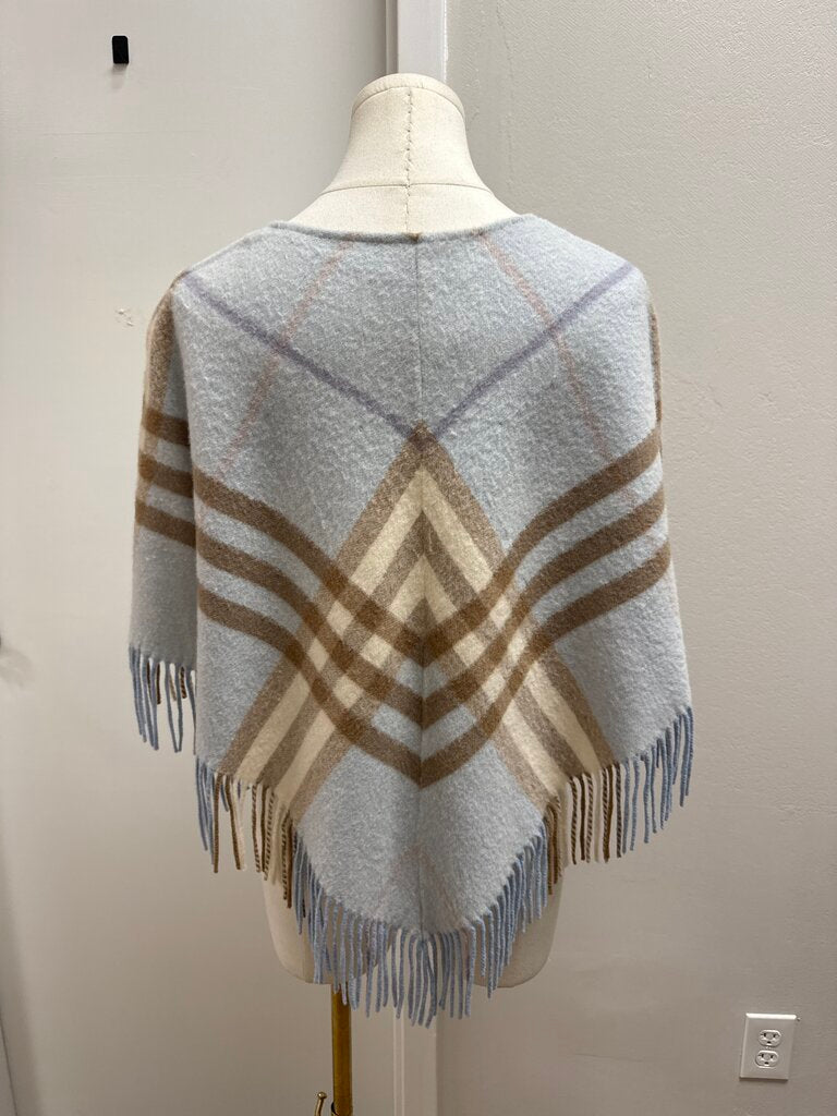 Burberry Light Blue Plaid Fringe Poncho