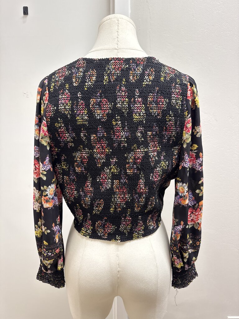 Alice + Olivia Black Floral Tie Front Top