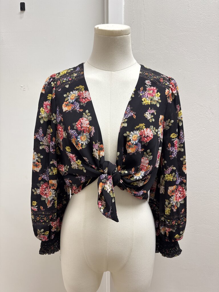 Alice + Olivia Black Floral Tie Front Top