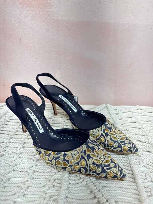 Manolo Blue Brocade Slingback w/Box