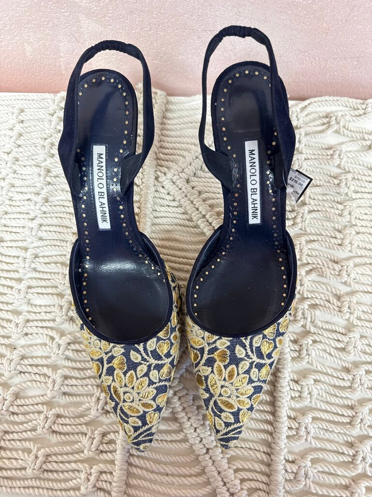 Manolo Blue Brocade Slingback w/Box