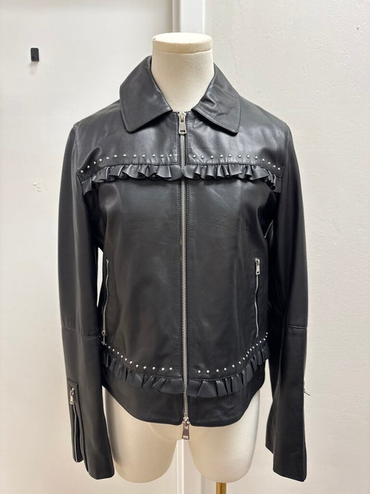 Marella Black Leather Ruffle Jacket