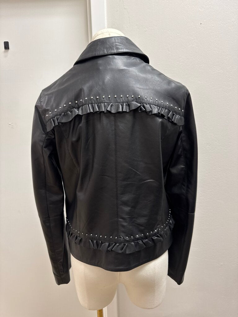 Marella Black Leather Ruffle Jacket
