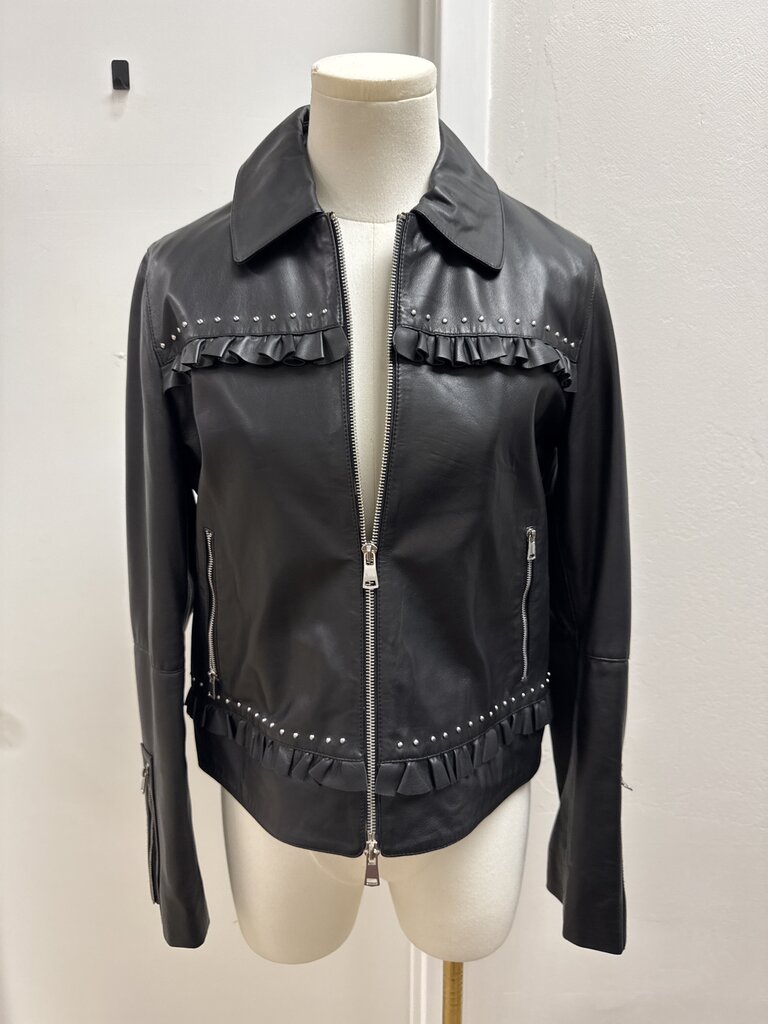 Marella Black Leather Ruffle Jacket