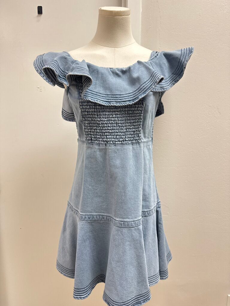 Tanya Taylor Denim Ruffle Sleeve Dress