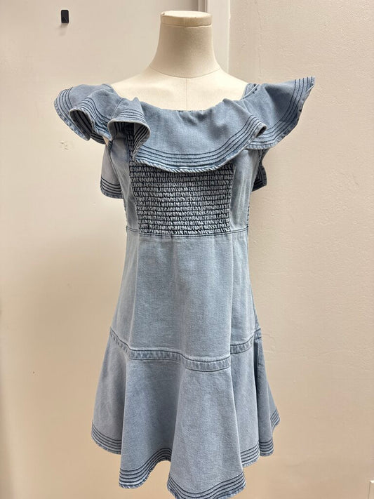 Tanya Taylor Denim Ruffle Sleeve Dress