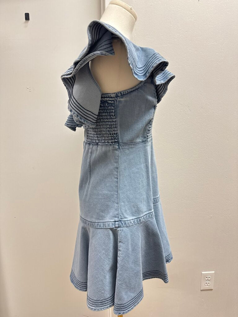 Tanya Taylor Denim Ruffle Sleeve Dress