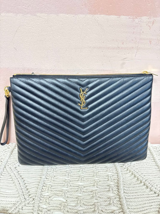 YSL Black Large Logo Matelasse Pouch w/Box