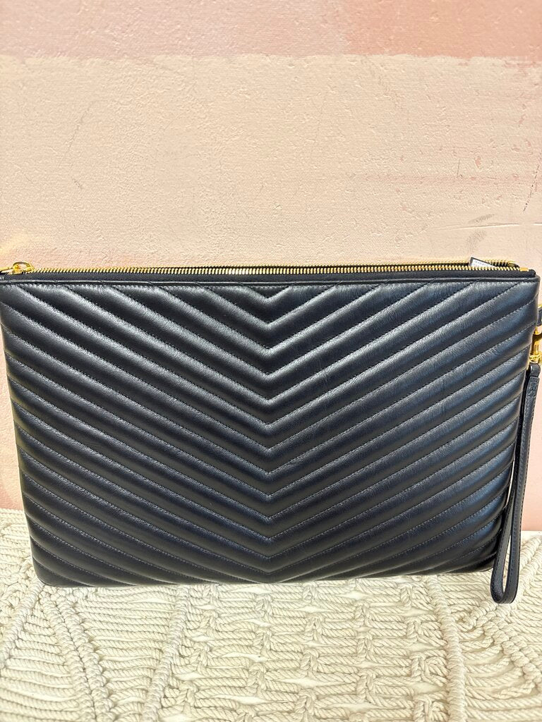 YSL Black Large Logo Matelasse Pouch w/Box