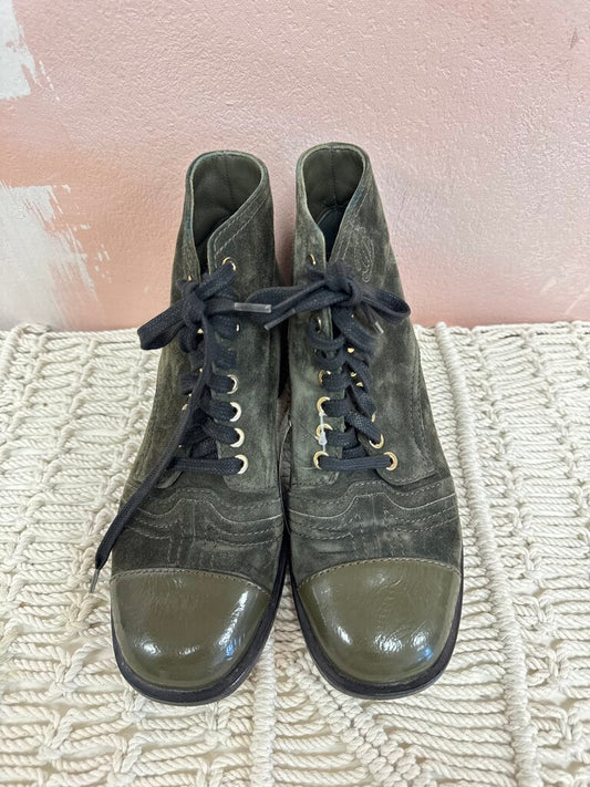 Chanel Olive Suede Lace Up Bootie