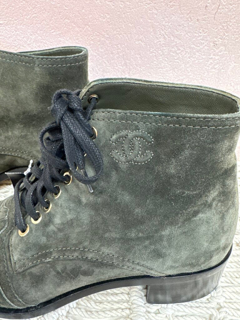 Chanel Olive Suede Lace Up Bootie