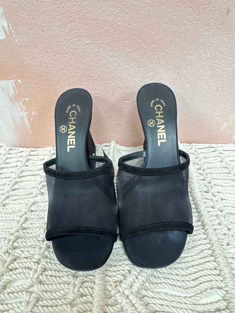 Chanel Black Mesh and Suede Pearl Sandal