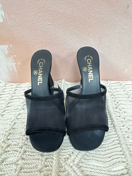 Chanel Black Mesh and Suede Pearl Sandal