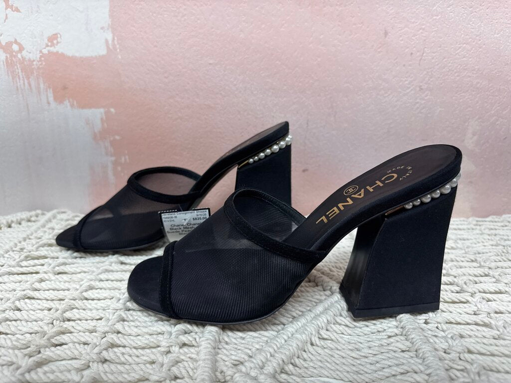 Chanel Black Mesh and Suede Pearl Sandal