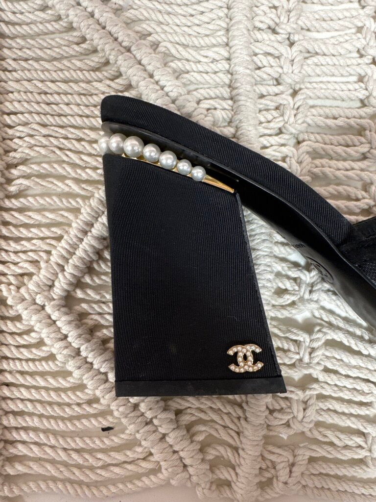 Chanel Black Mesh and Suede Pearl Sandal