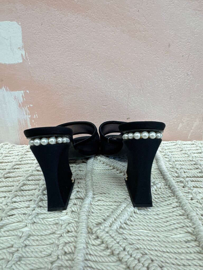 Chanel Black Mesh and Suede Pearl Sandal