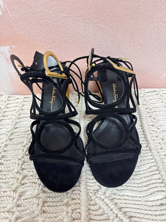 Ferragamo Black Suede and Gold Detail Sandal