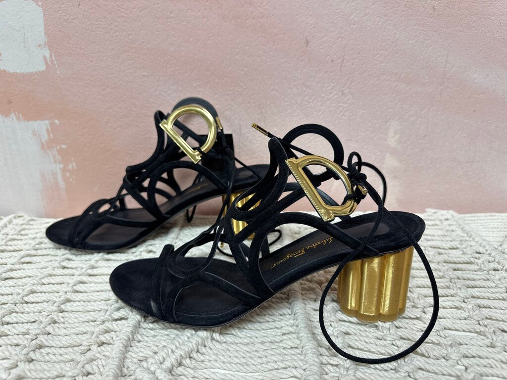 Ferragamo Black Suede and Gold Detail Sandal