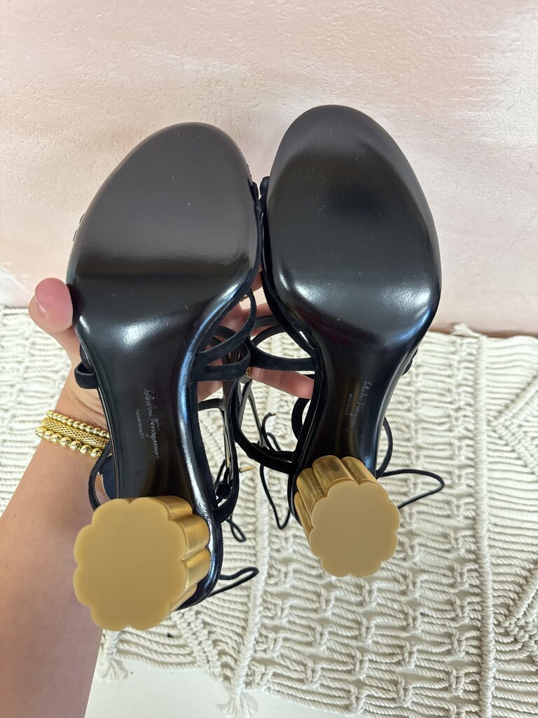 Ferragamo Black Suede and Gold Detail Sandal