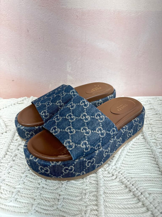 Gucci Denim Monogram Platform Slide