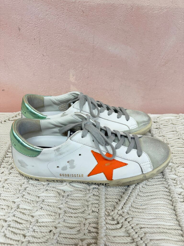 Golden Goose Sneaker With Orange Star and Green Metallic Detail (w/ Box)