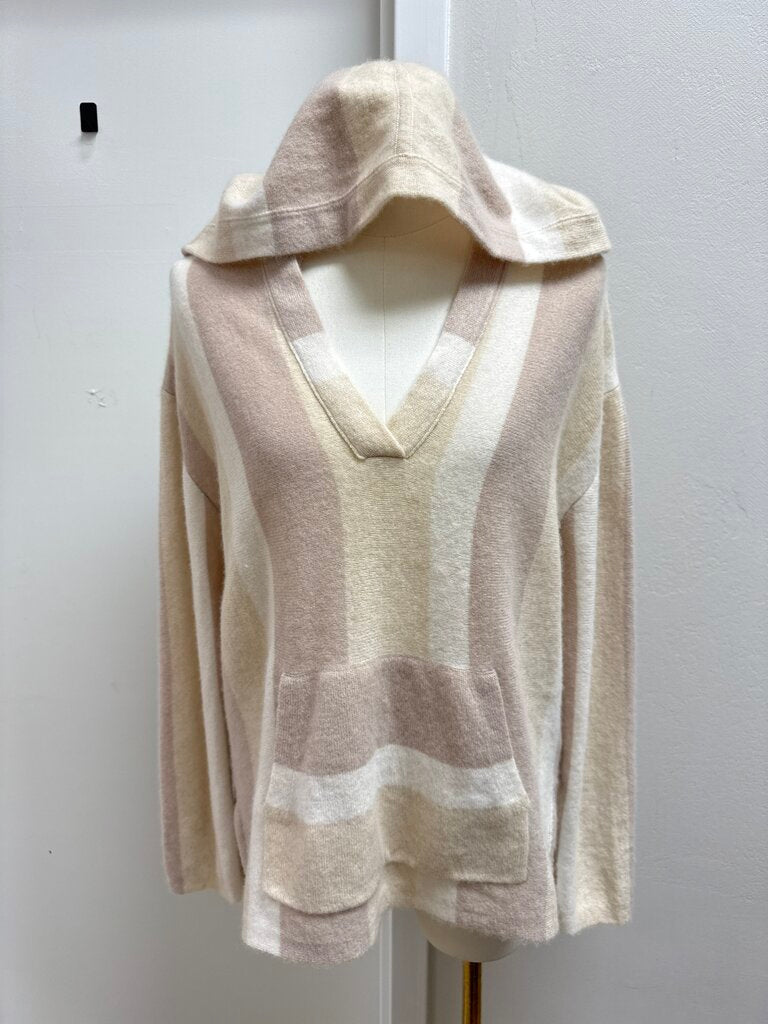 White + Warren Tan Striped Cashmere Hoodie