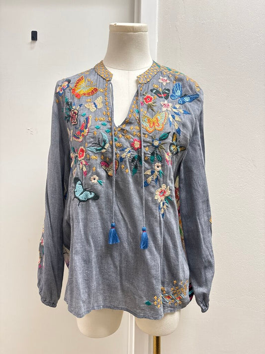 Johnny Was Grey Embroidered Blouse