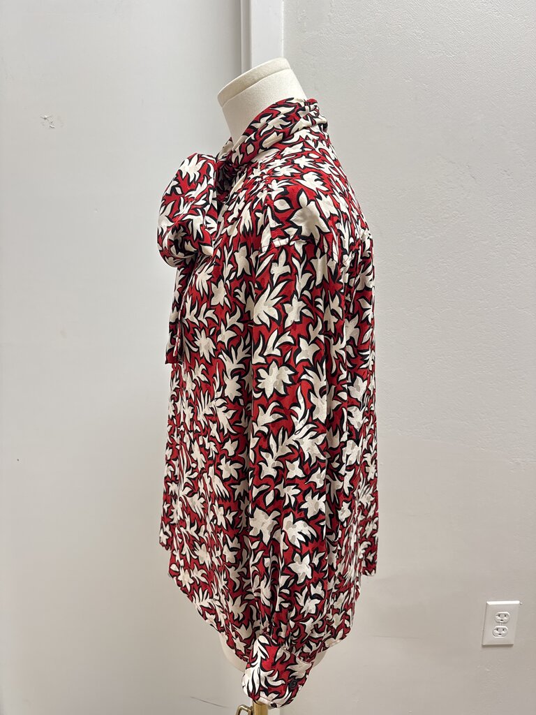 Saint Laurent Red Printed Silk Tie Front Blouse (As Is)