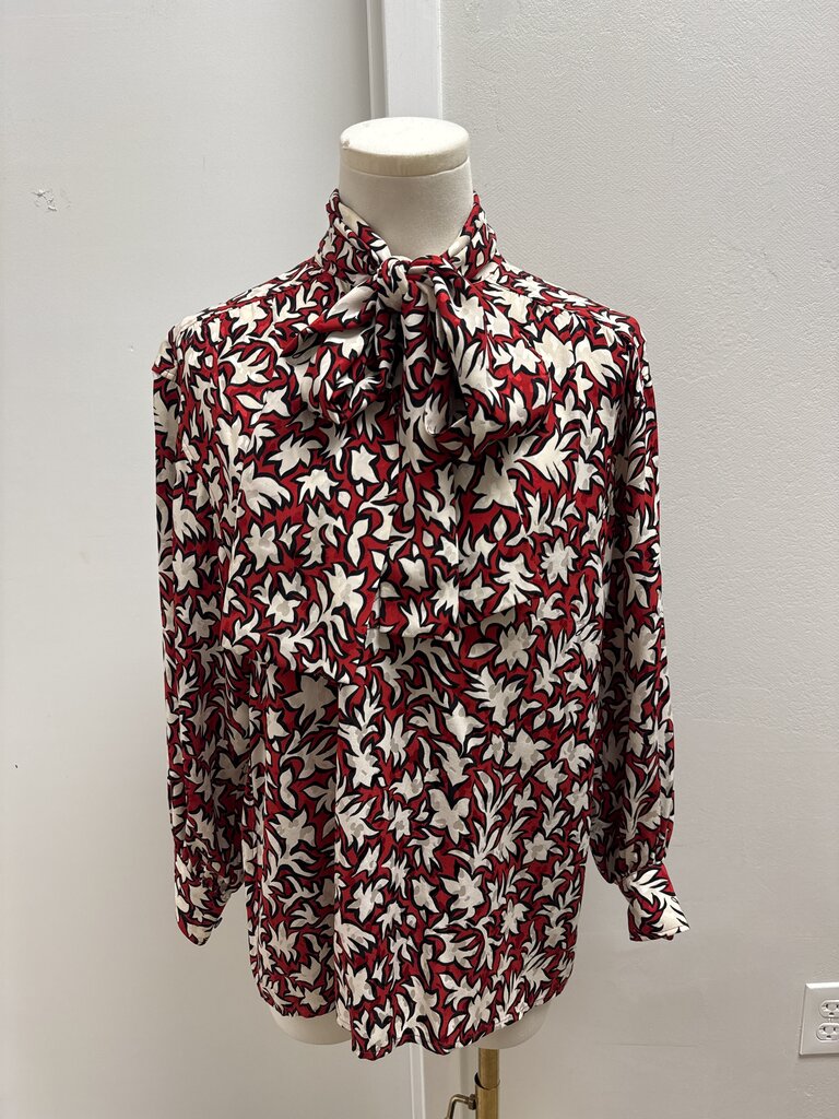 Saint Laurent Red Printed Silk Tie Front Blouse (As Is)