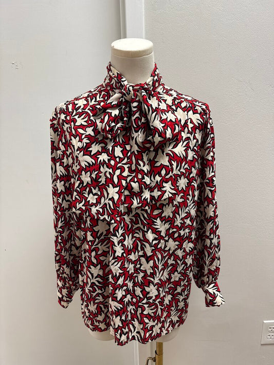 Saint Laurent Red Printed Silk Tie Front Blouse (As Is)