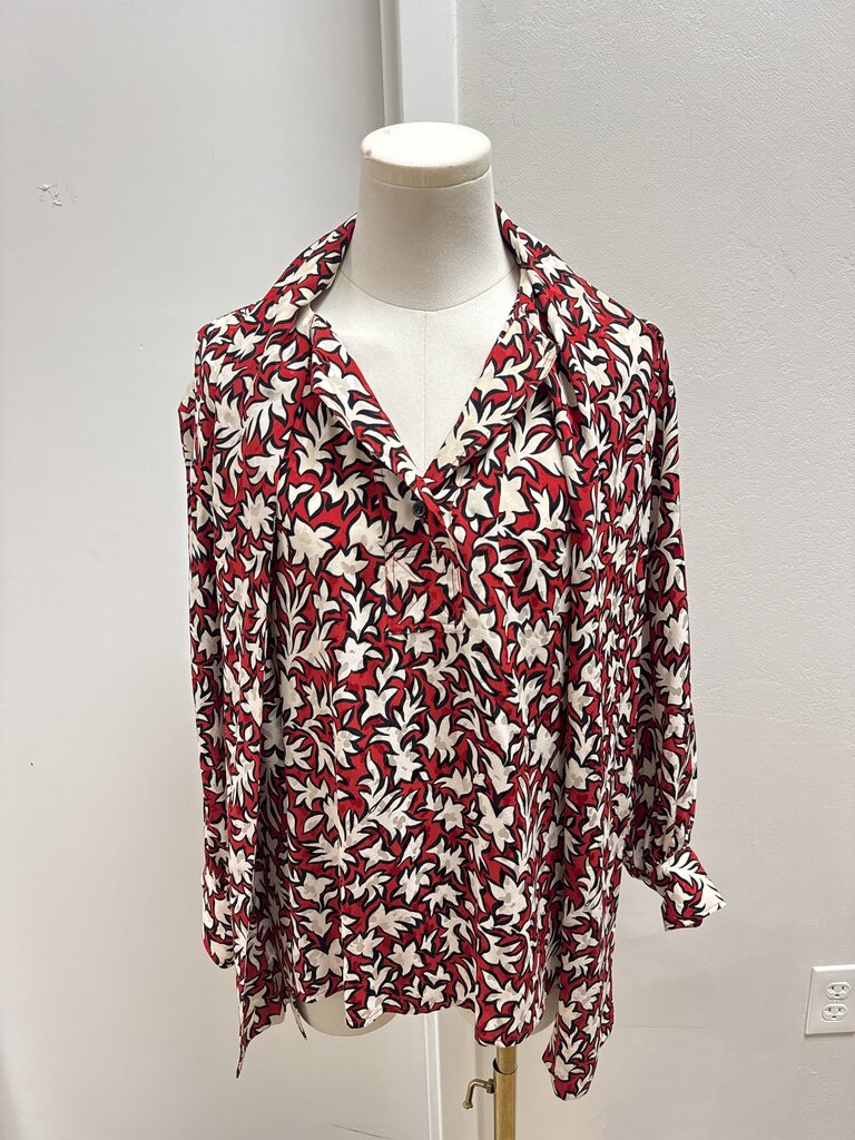 Saint Laurent Red Printed Silk Tie Front Blouse (As Is)
