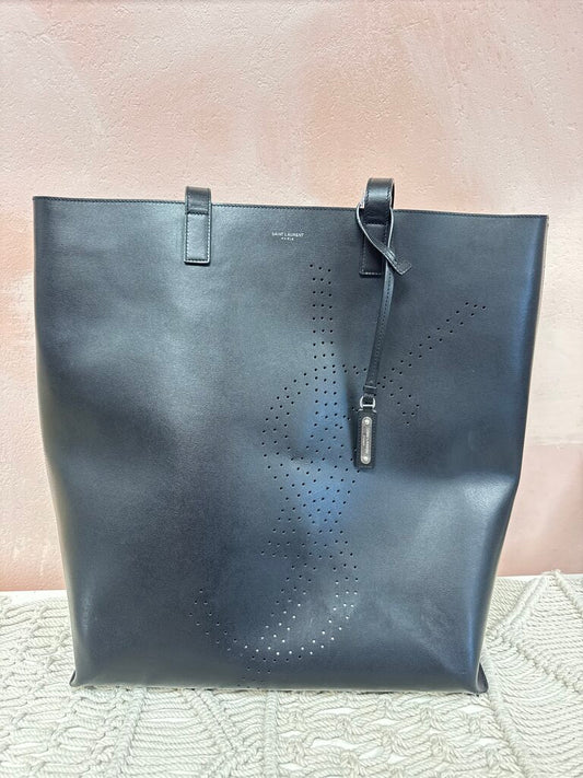 YSL Black North/South Perforated Shopping Tote w/Dustbag