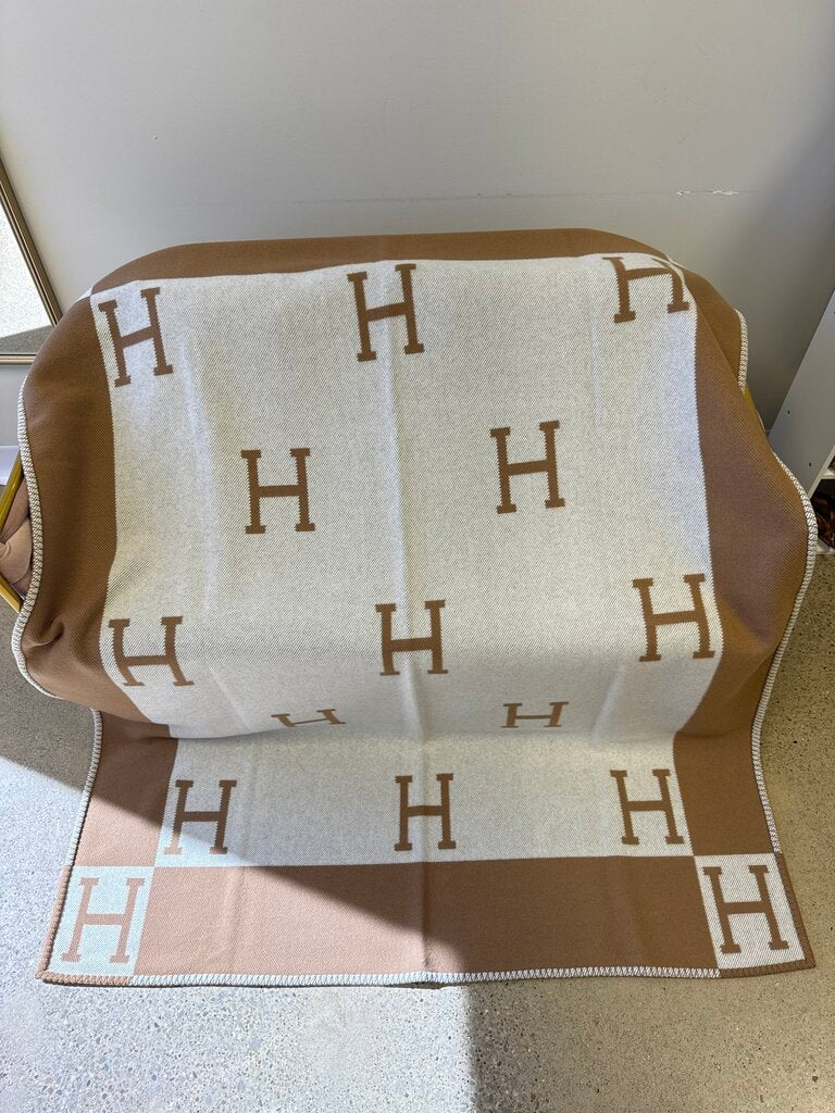 Hermes Brown and Cream Logo Throw Blanket w/Box