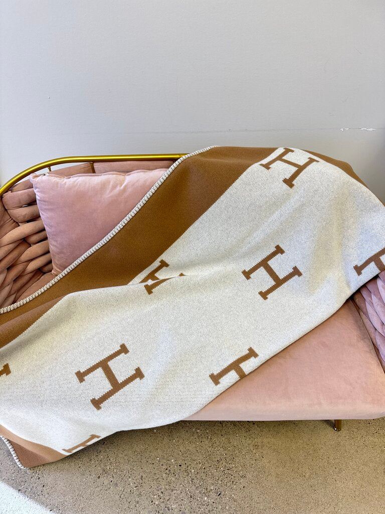 Hermes Brown and Cream Logo Throw Blanket w/Box