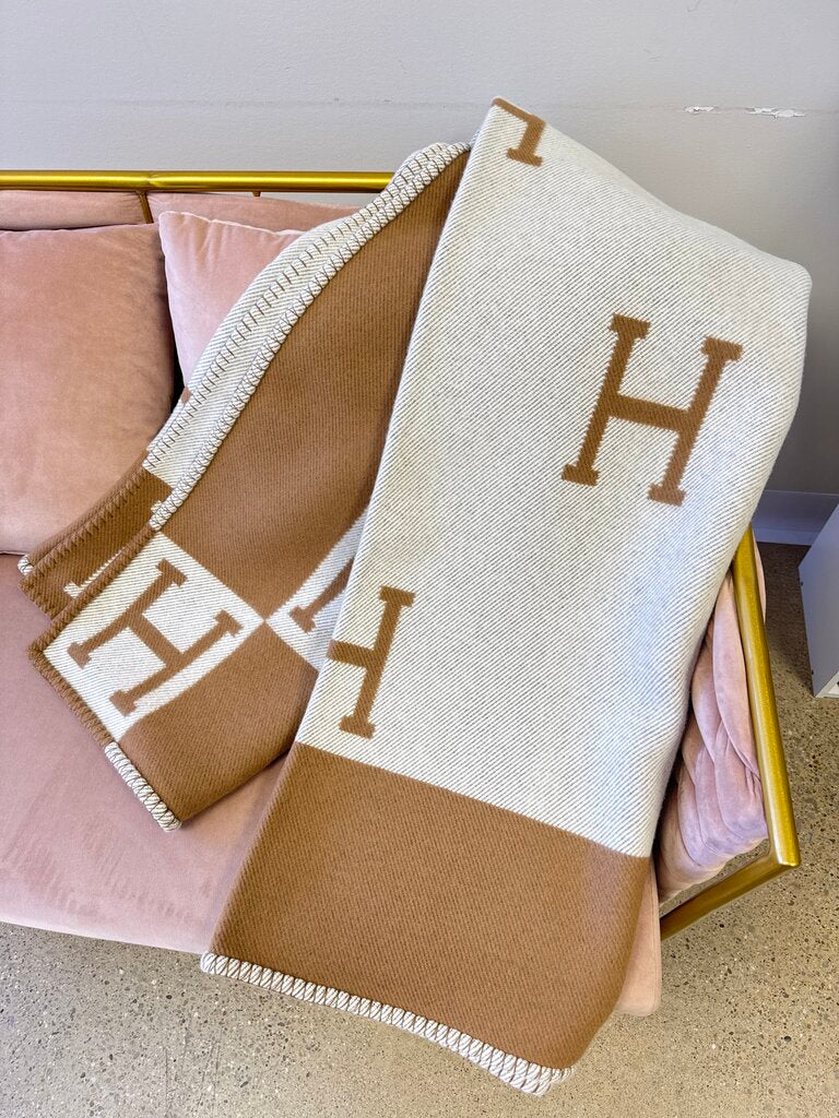 Hermes Brown and Cream Logo Throw Blanket w/Box