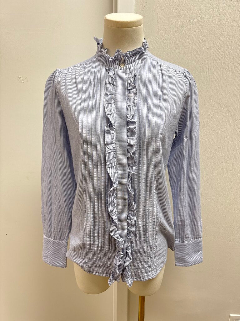 Vanessa Bruno Blue Striped Ruffle Front Top