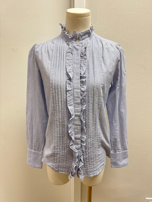 Vanessa Bruno Blue Striped Ruffle Front Top