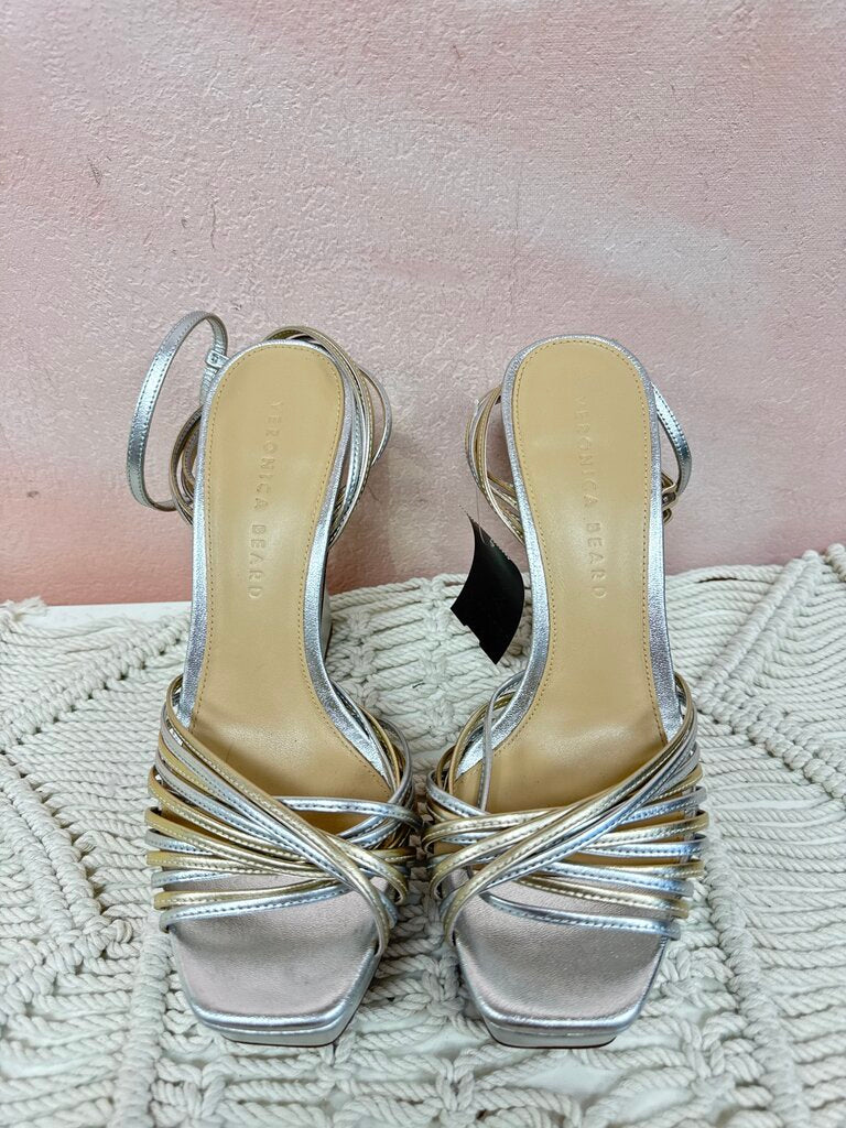 Veronica Beard Silver and Gold Platform Open Toe Heel