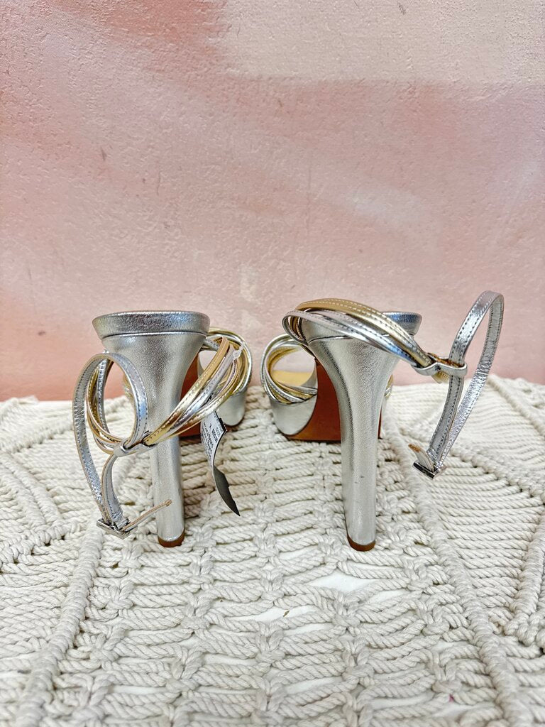 Veronica Beard Silver and Gold Platform Open Toe Heel