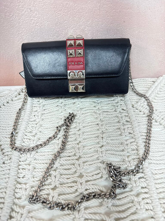 Prada Black Leather Elektra Wallet on a Chain