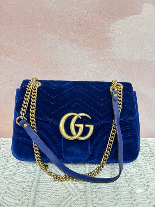 Gucci Cobalt Velvet Marmont Shoulder Bag