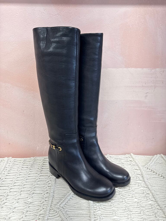 Ferragamo Black Leather Tall Riding Boot w/Box