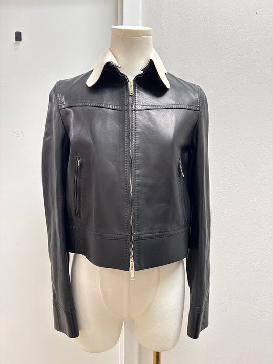 Valentino Black Leather Peter Pan Collar Cropped Jacket NWT