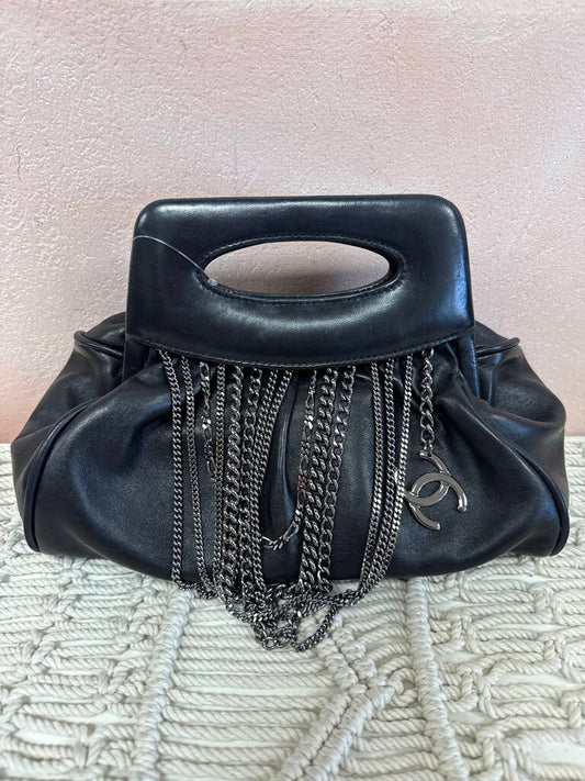 Chanel Black Lambskin Chain Fringe Clutch w/Dustbag