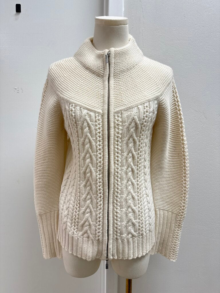 Kinross Cashmere Ecru Cable Knit Zip Up Jacket