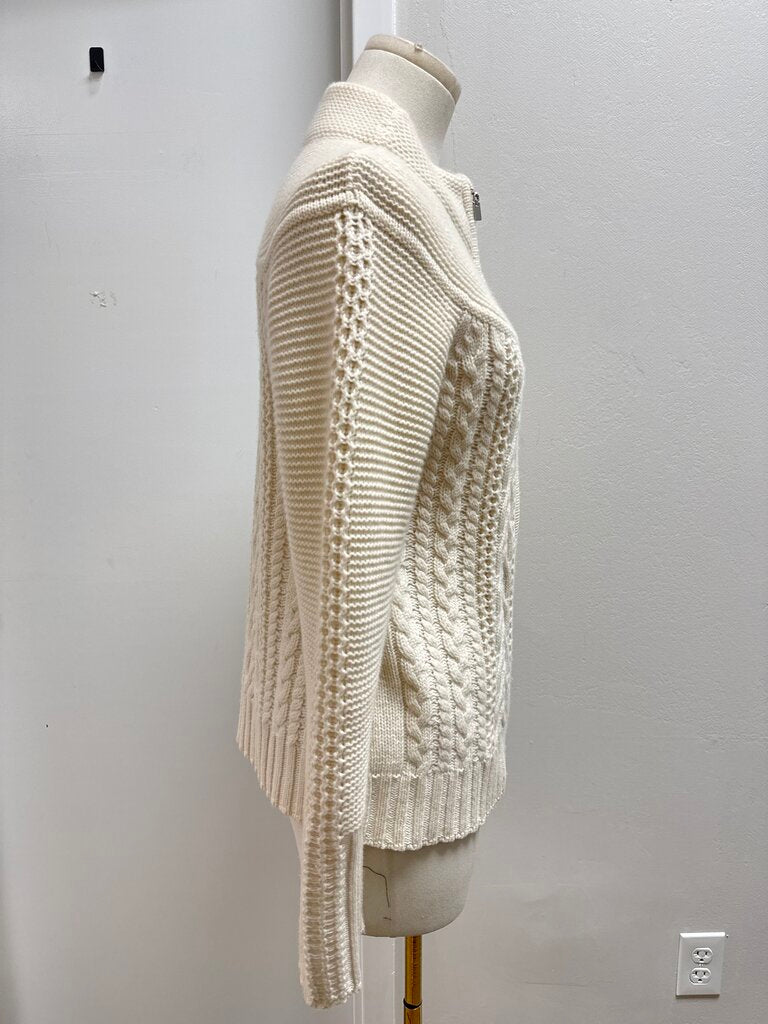 Kinross Cashmere Ecru Cable Knit Zip Up Jacket